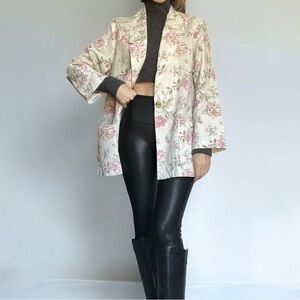 Vintage 80s Boxy Blazer Jacket Rose Floral Neutral Lightweight Made in USA Med
